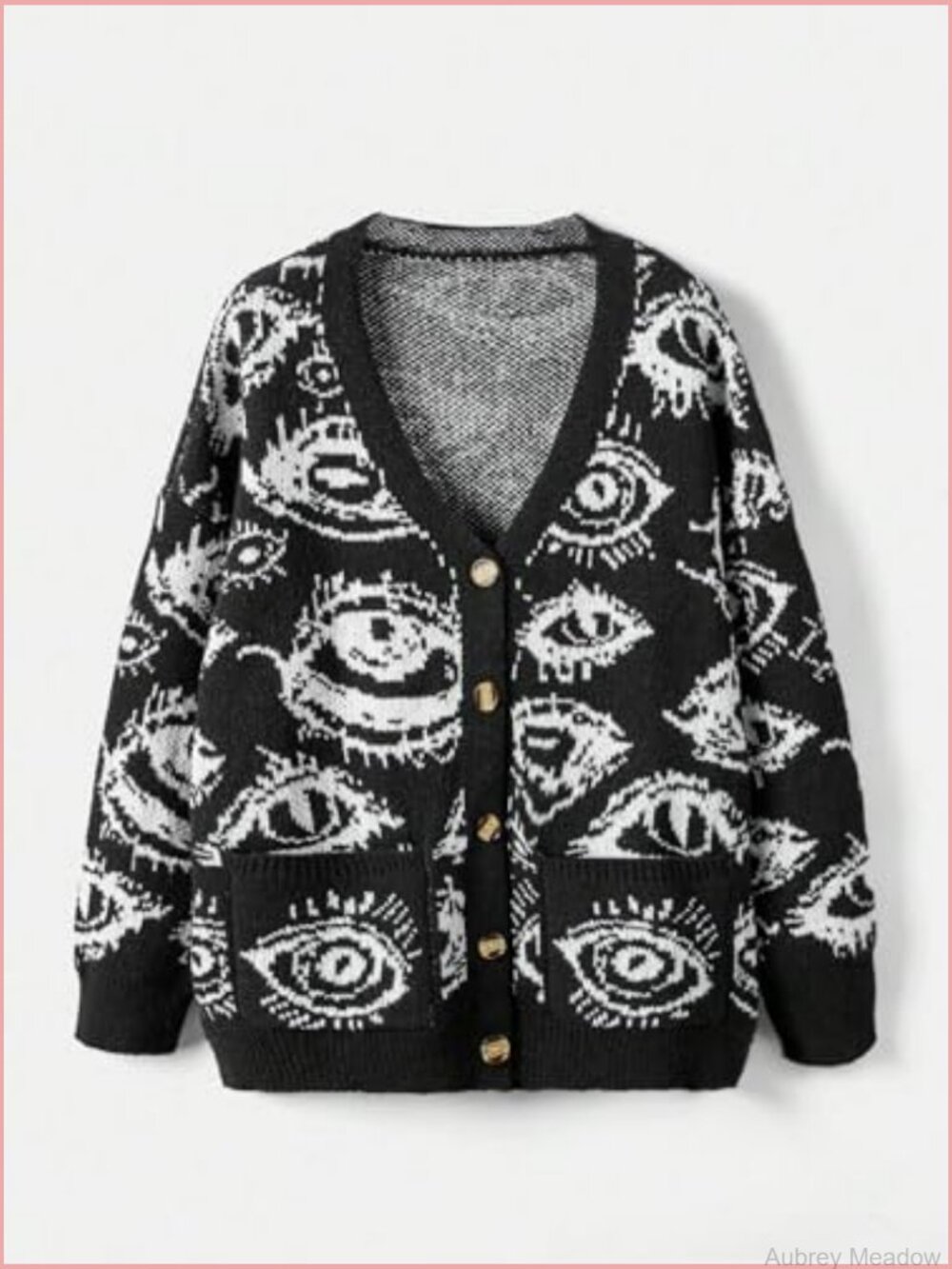 Oversized Graphic Button Down V Neck Drop Shoulder Long Sleeve Cardigan - Picture 5 of 5